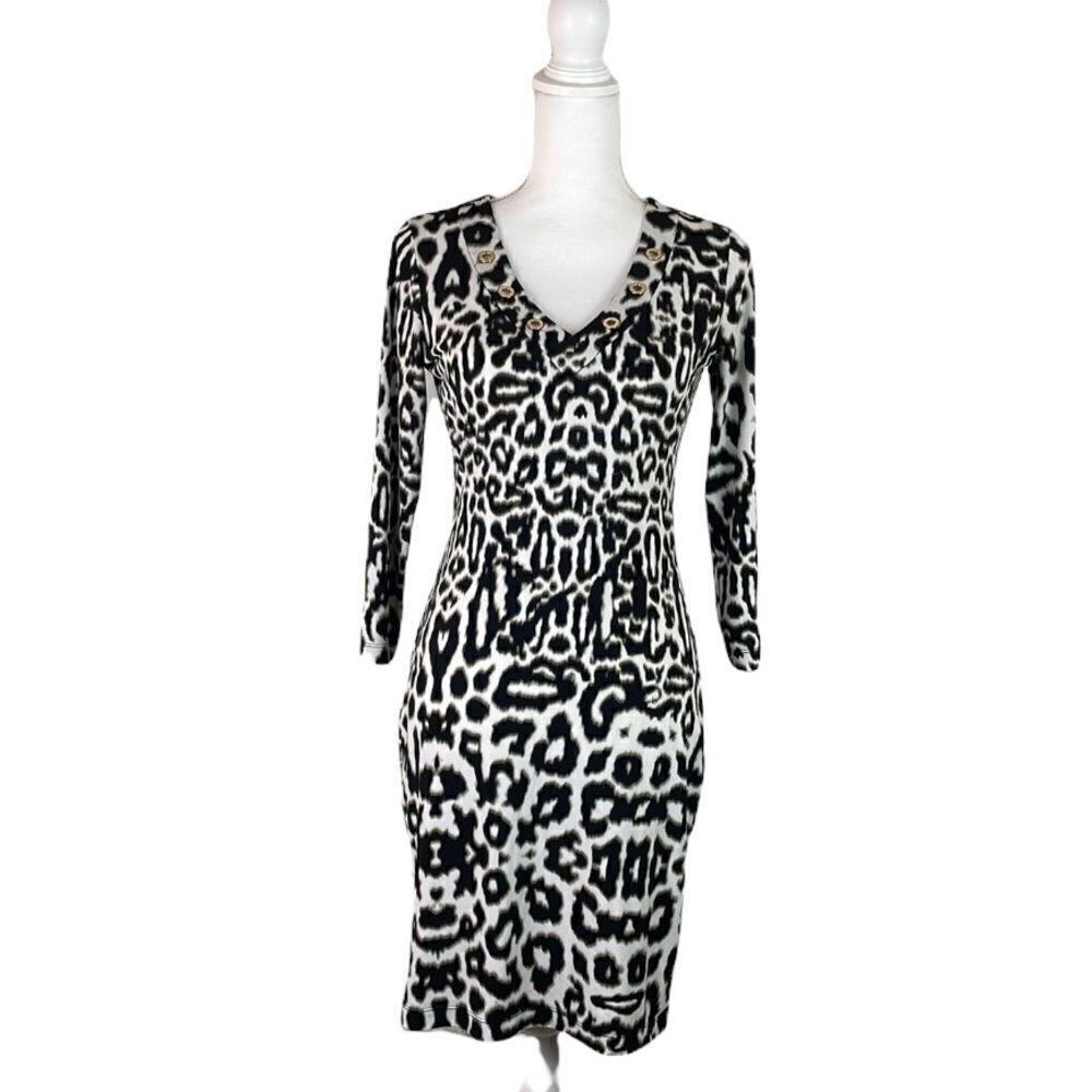 Size P Calvin Klein Cheetah Dress 3/4 Sleeve Gold Circles at Neckline Fall Dress